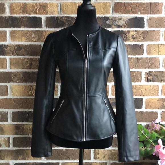 ZARA Faux Leather Moto Biker Collarless Jacket Black - Picture 4 of 9